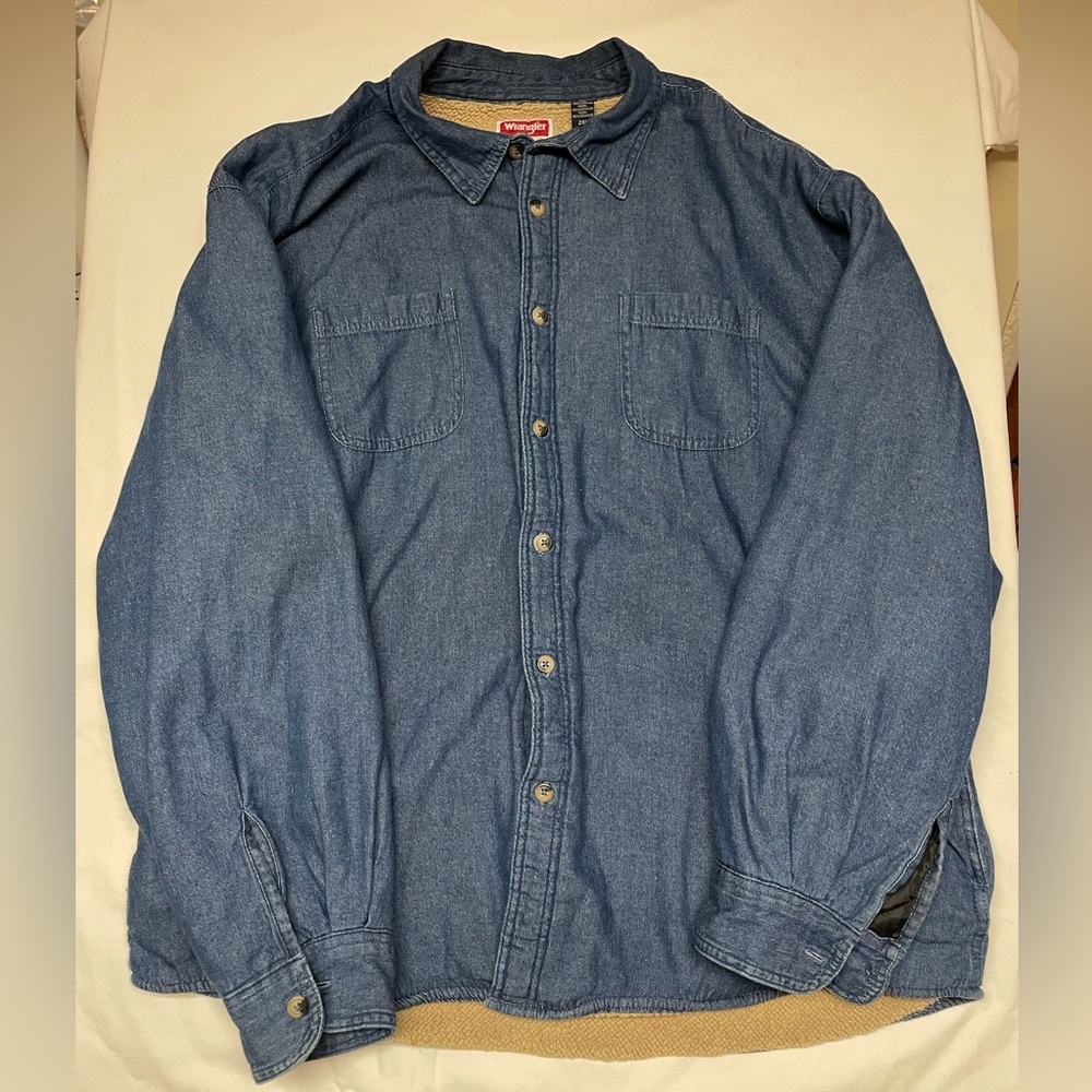 Wrangler Sherpa Fleece Lined Blue Denim Jean Coat Jacket Men Sz 2XL Button Front